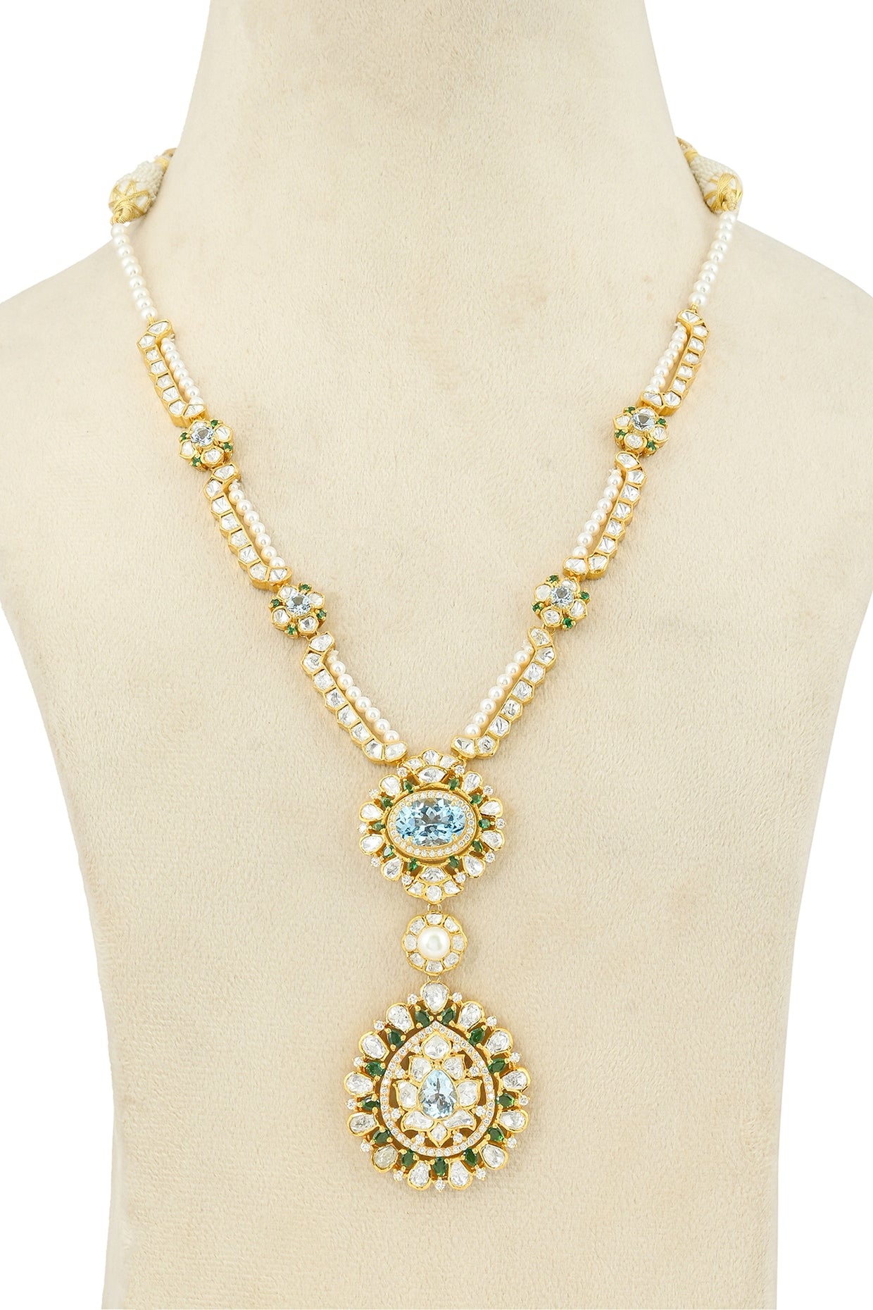 Gold Plated Moissanite Polki & Natural Blue Topaz Long Necklace In Sterling Silver