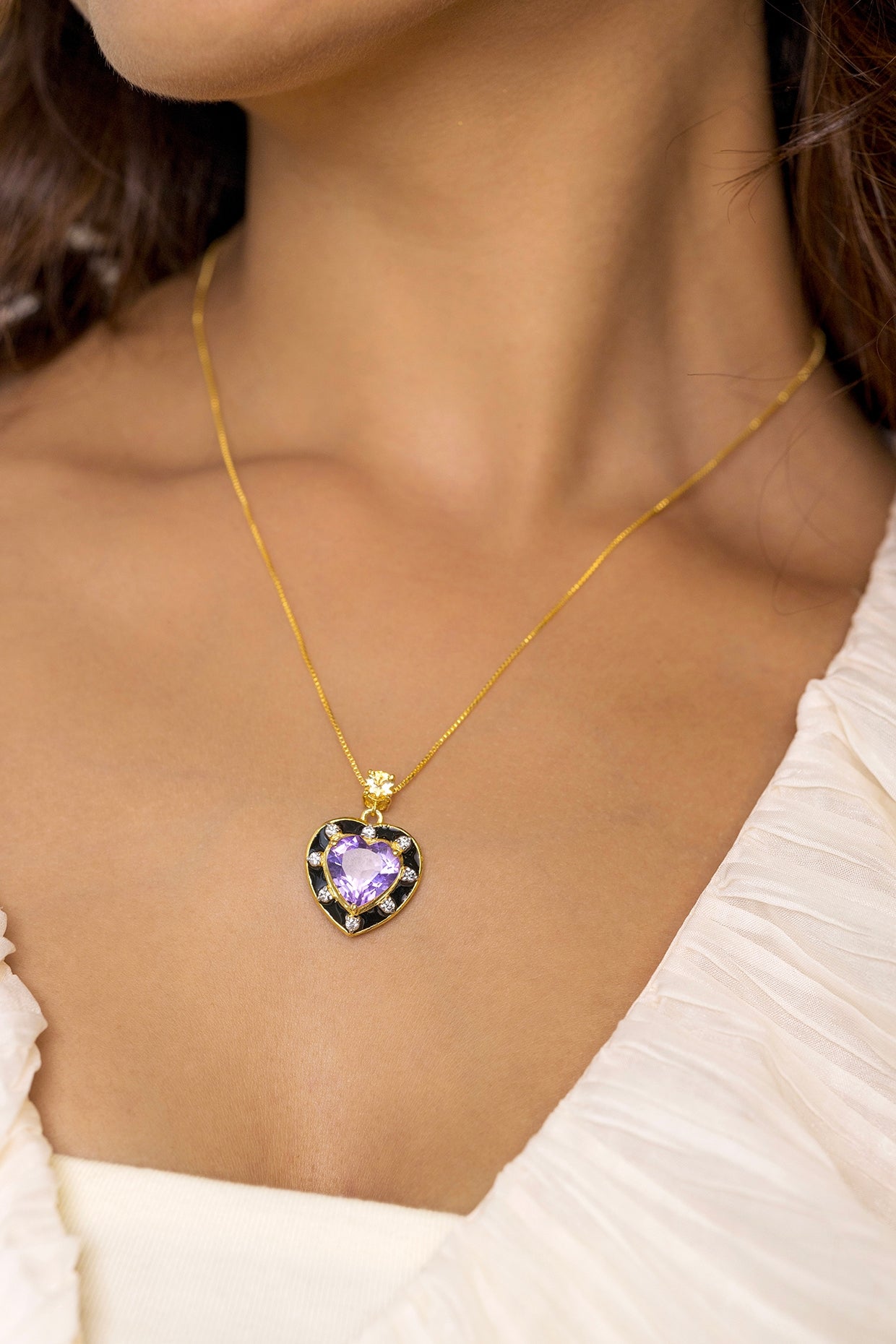 Gold Plated Moissanite Polki & Natural Amethyst Necklace In Sterling Silver