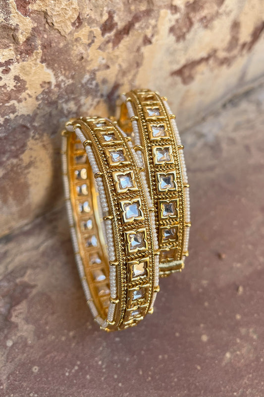 Gold Finish Kundan Polki Bangles (Set of 2)