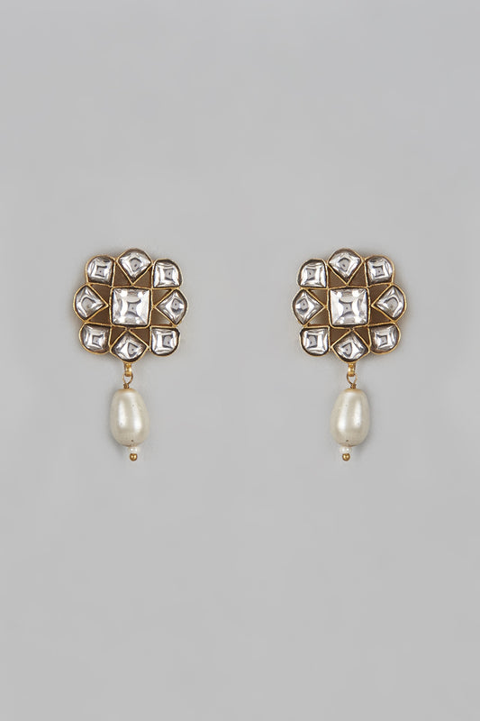 Gold Finish Kundan Polki & Pearl Dangler Earrings