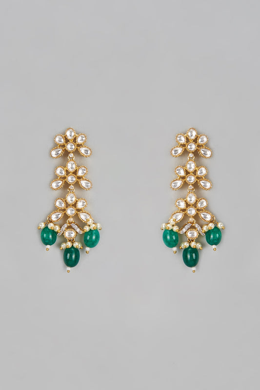 Gold Finish Kundan Polki & Emerald Dangler Earrings