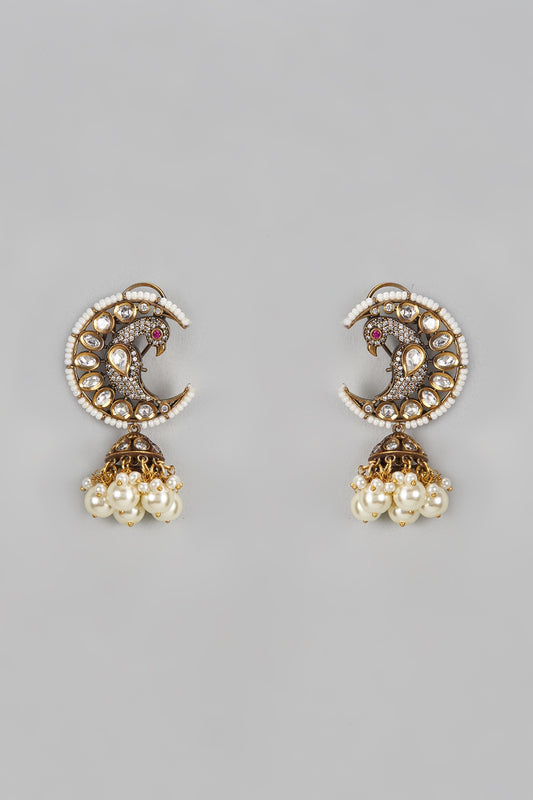 Black Rhodium Finish Kundan Polki & Pearl Jhumka Earrings