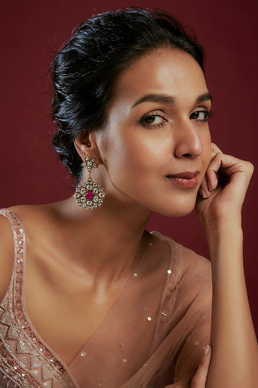 Gold Finish Kundan Polki & Ruby Dangler Earrings