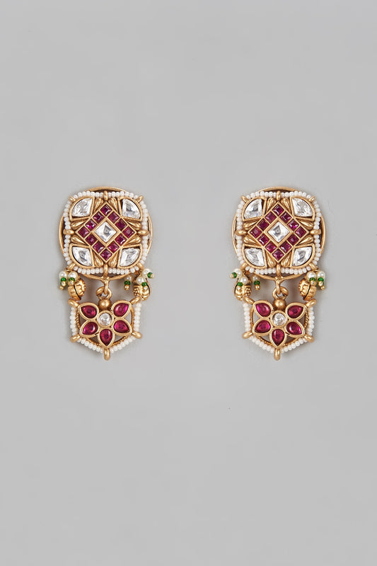 Gold Finish Kundan Polki & Ruby Dangler Earrings