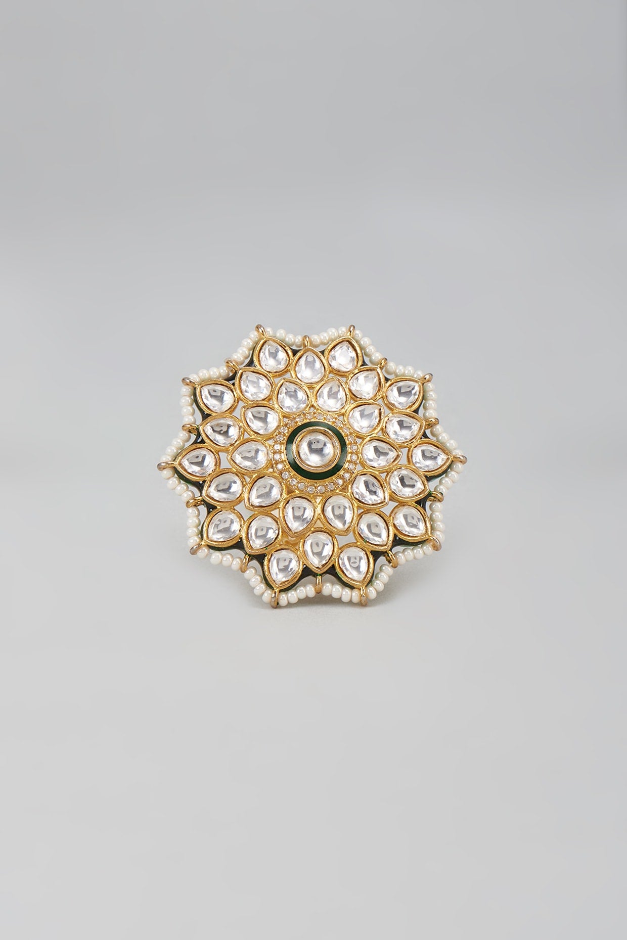 Gold Finish Kundan Polki Meenakari Ring