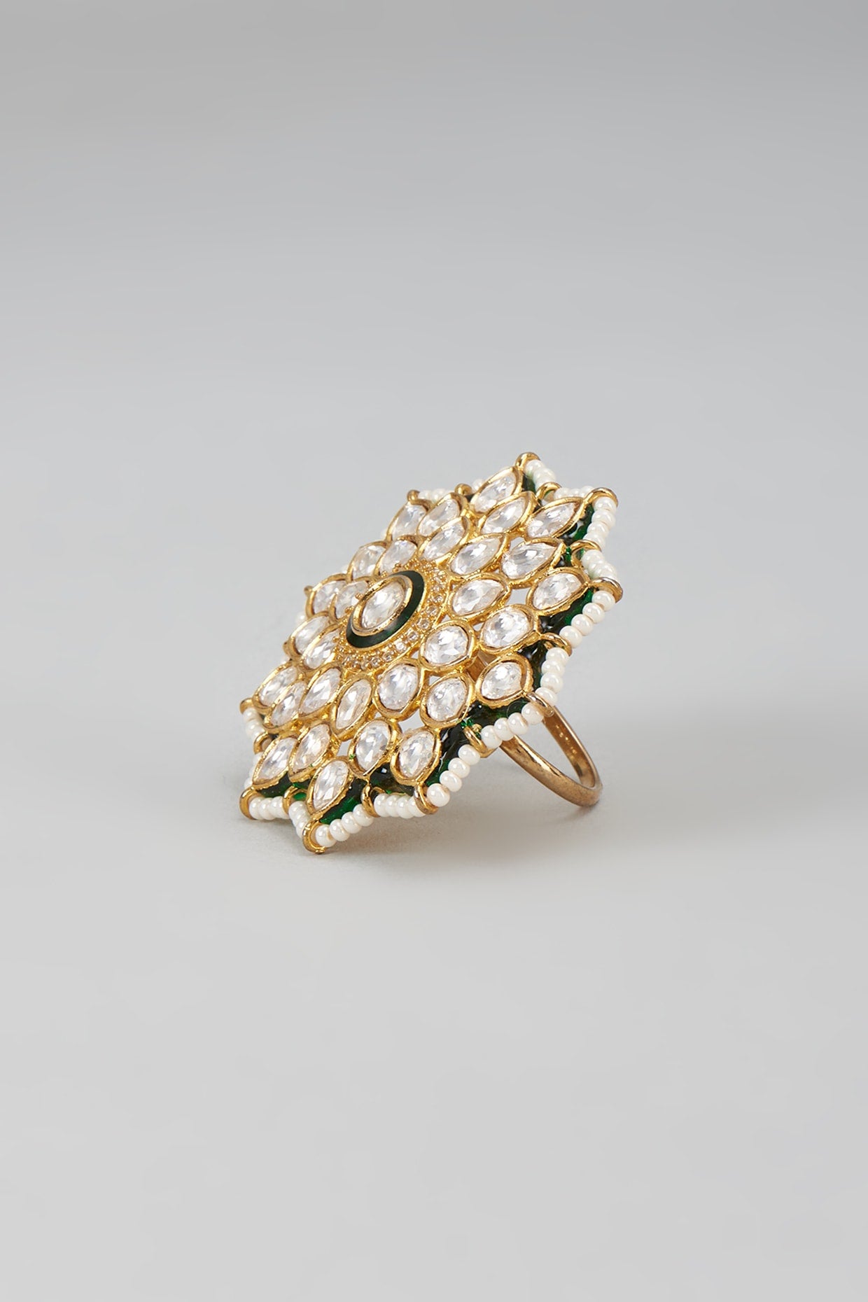Gold Finish Kundan Polki Meenakari Ring