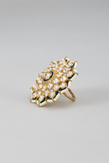 Gold Finish Kundan Polki Meenakari Ring