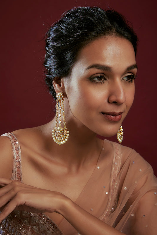 Gold Finish Kundan Polki Chandbaali Earrings