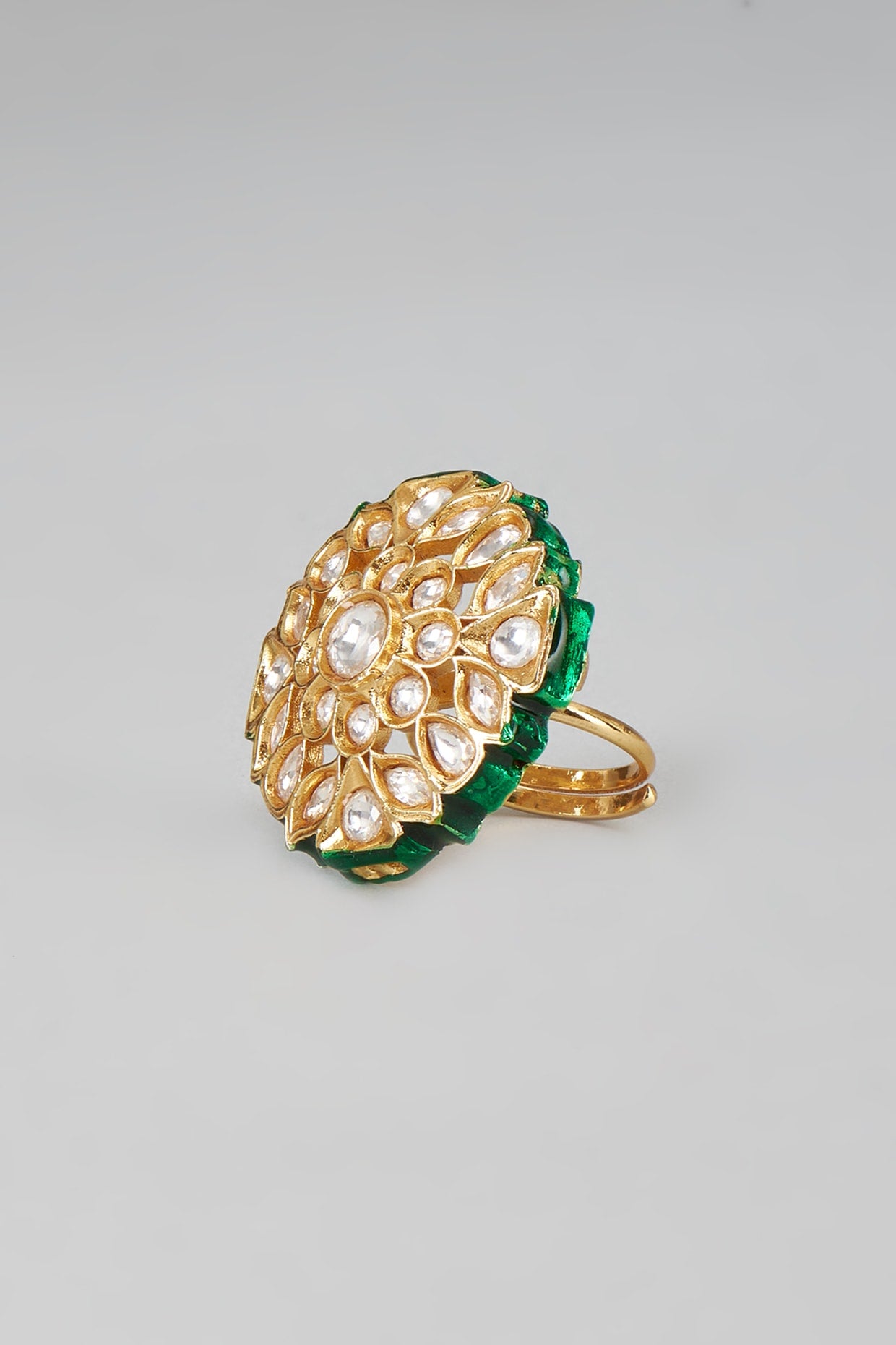 Gold Finish Kundan Polki Meenakari Ring