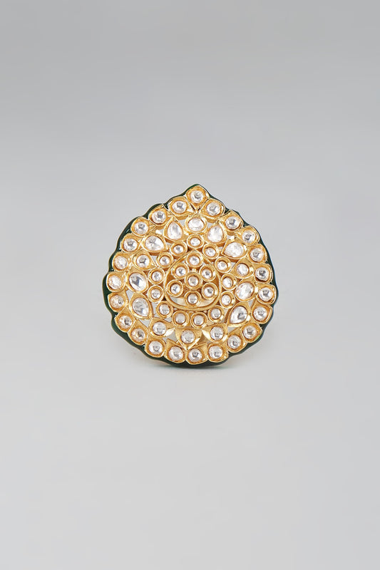 Gold Finish Kundan Polki Meenakari Ring