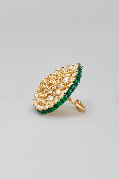 Gold Finish Kundan Polki Meenakari Ring