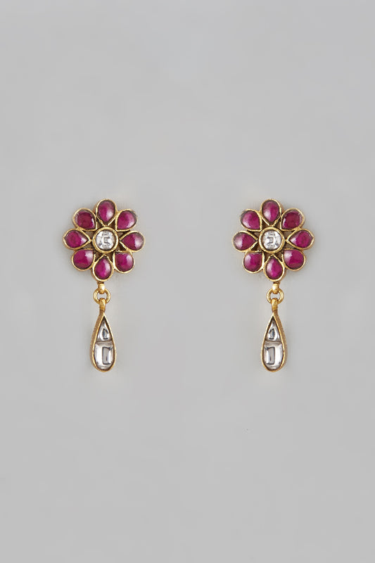 Gold Finish Kundan Polki & Ruby Dangler Earrings