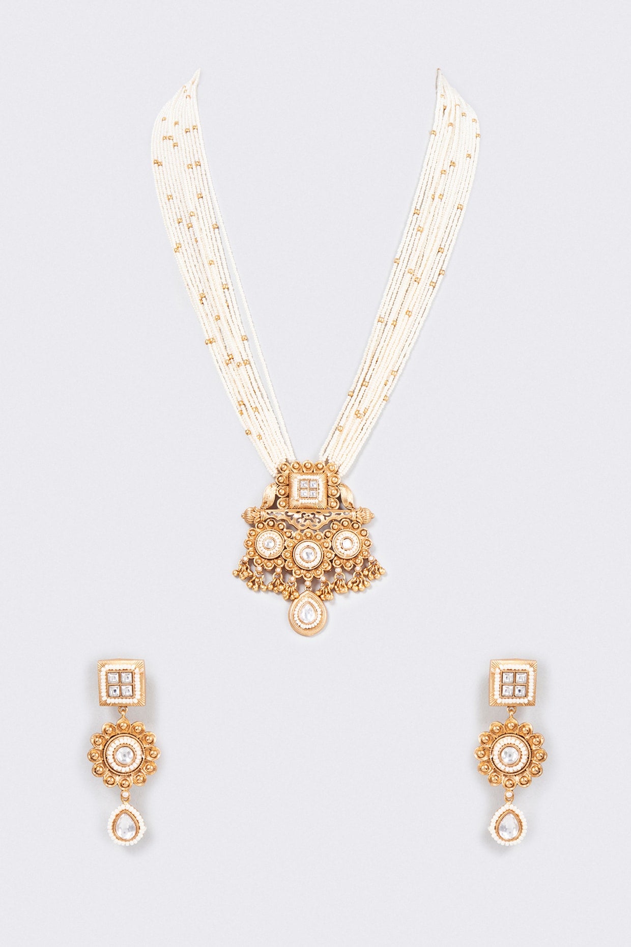 Gold Finish Kundan Polki Long Temple Necklace Set