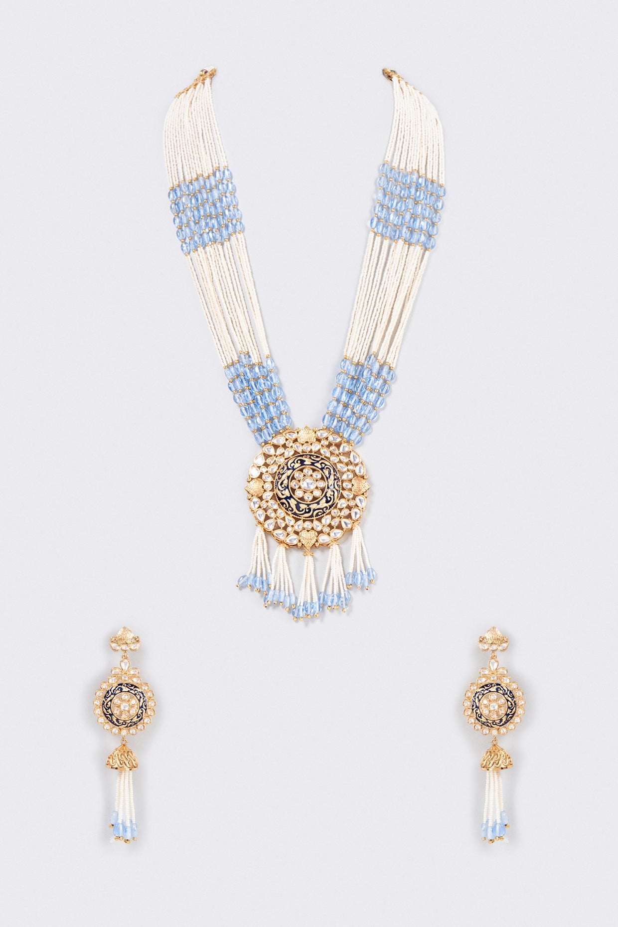 Gold Finish Blue & White Kundan Polki Long Necklace Set