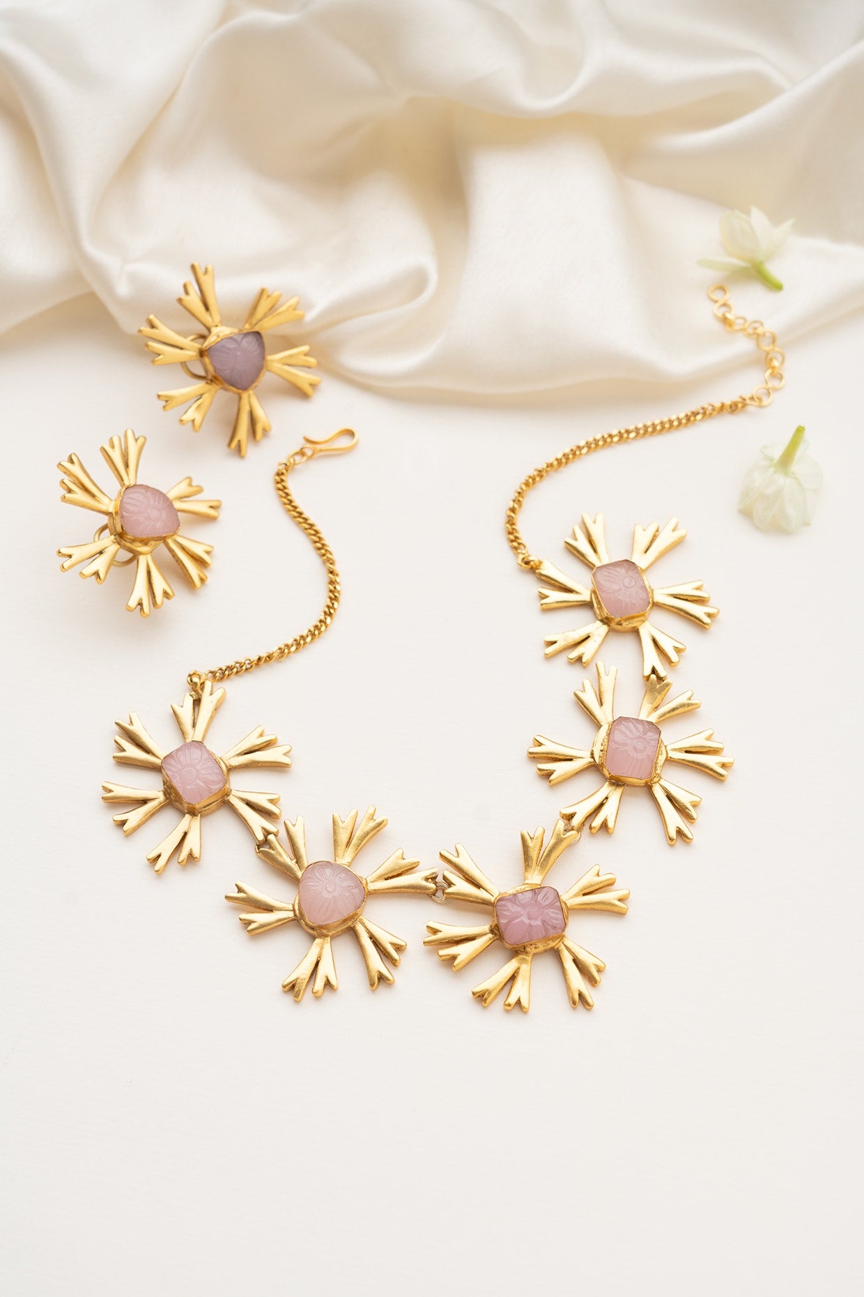 Pink Synthetic Stone Floral Long Necklace Set