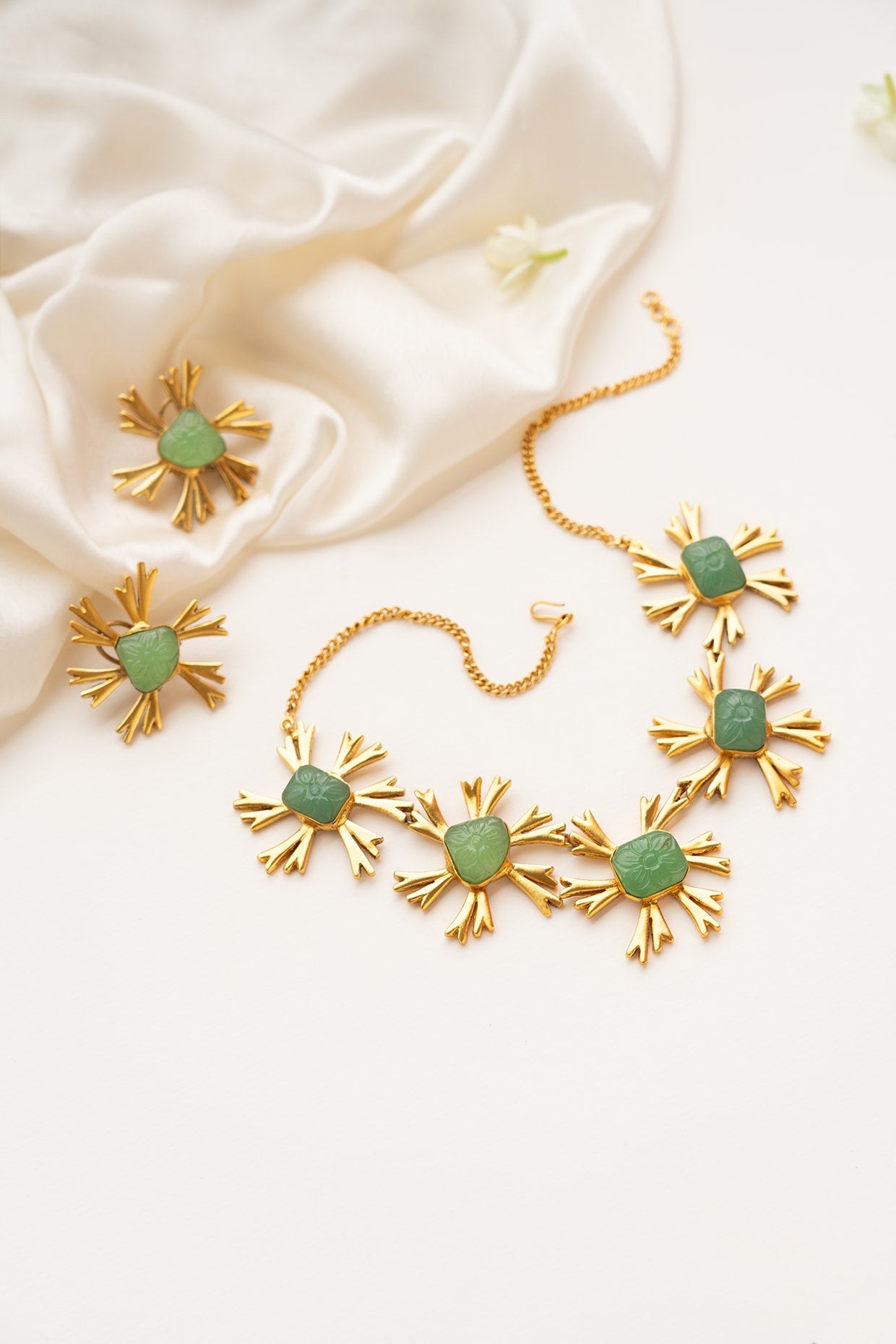 Green Synthetic Stone Floral Long Necklace Set