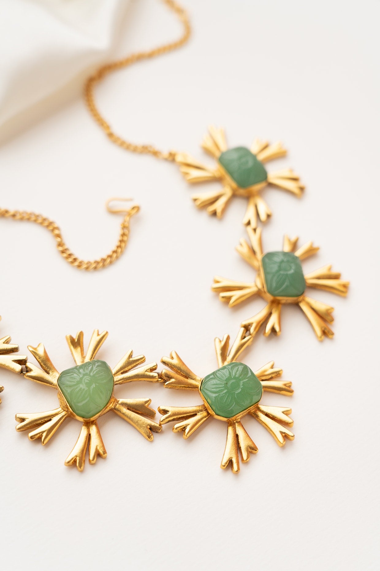 Green Synthetic Stone Floral Long Necklace Set