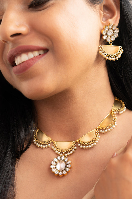 Golden Kundan Polki Long Necklace Set