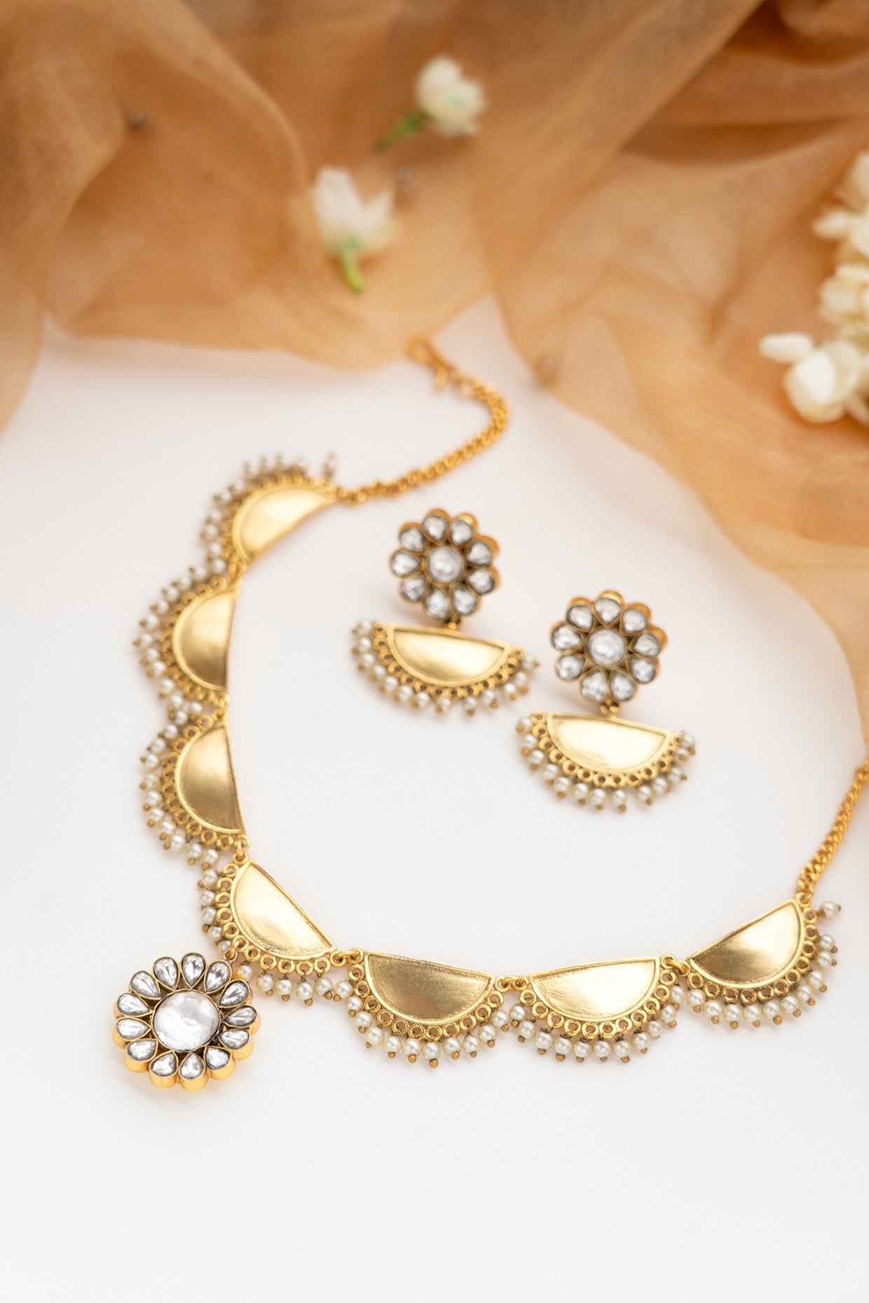 Golden Kundan Polki Long Necklace Set