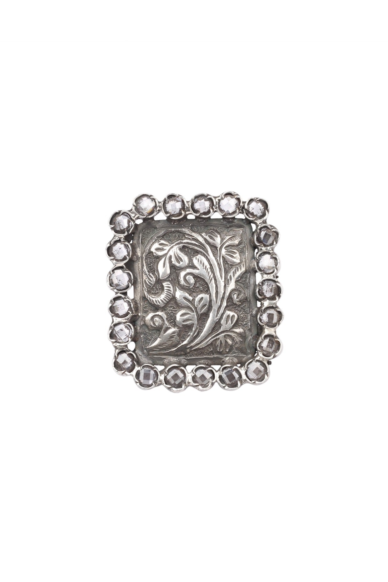 Silver Finish Checkered Pattern Square Engraved Ring In Sterling Silver