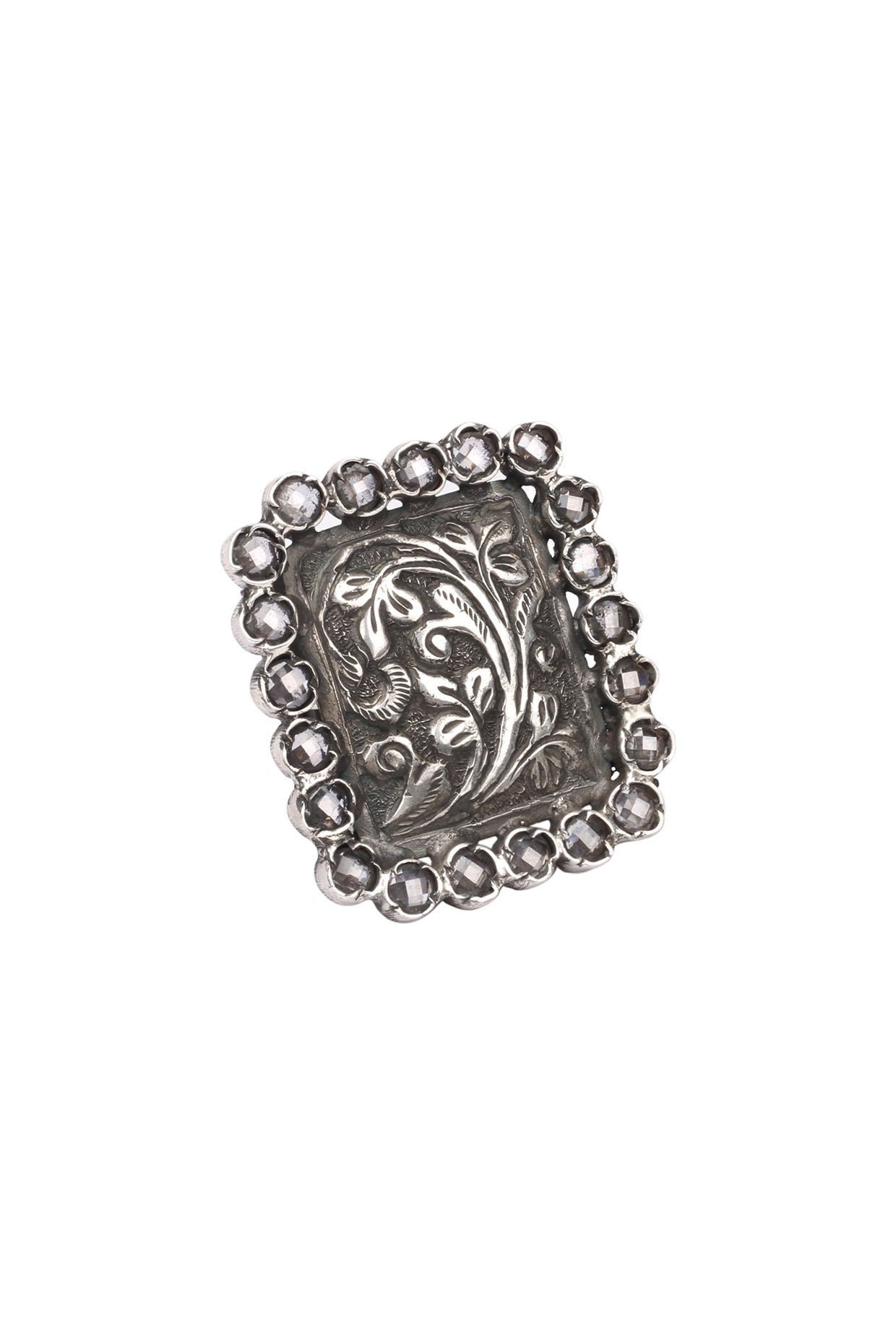 Silver Finish Checkered Pattern Square Engraved Ring In Sterling Silver