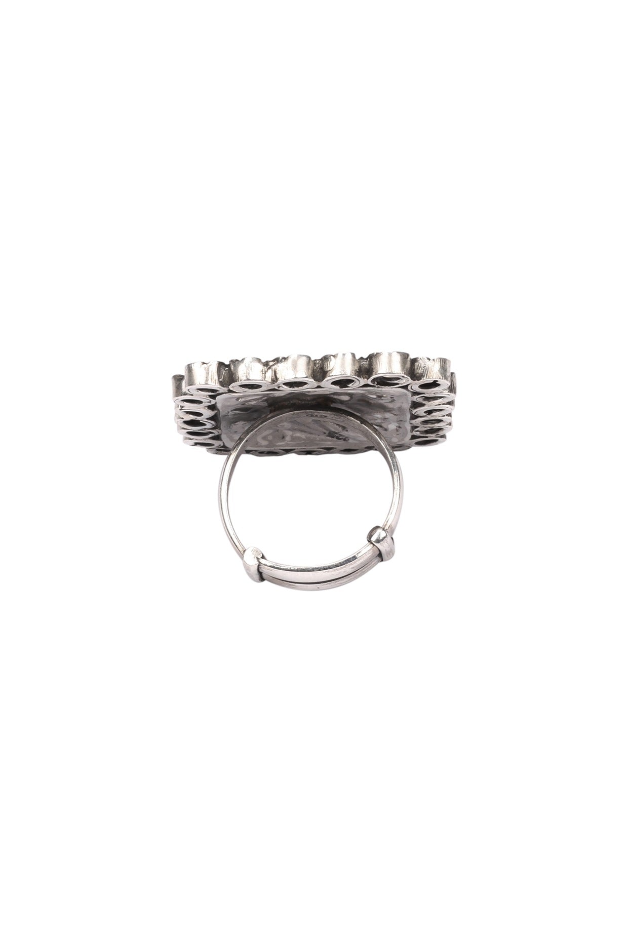 Silver Finish Checkered Pattern Square Engraved Ring In Sterling Silver