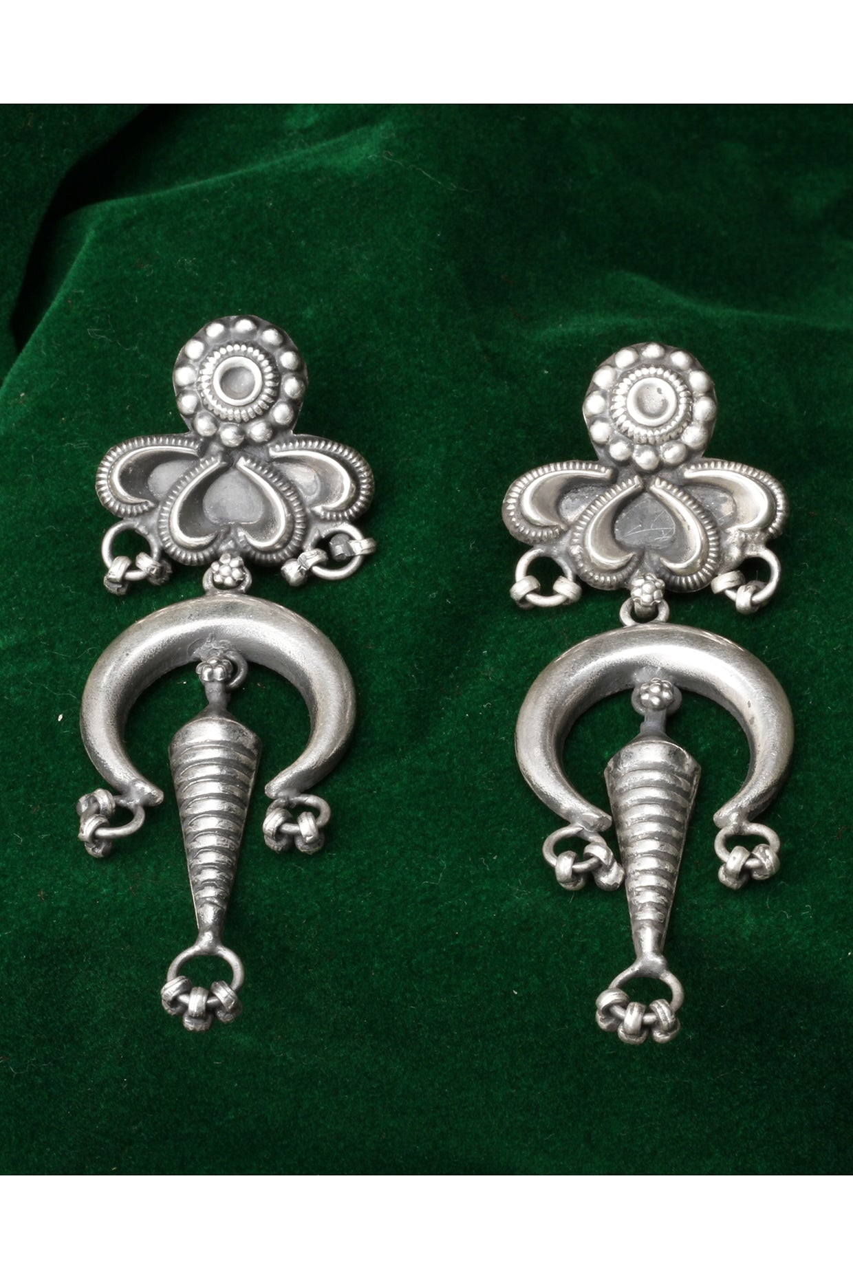 Silver Finish Floral Motif Drop Earrings In Sterling Silver