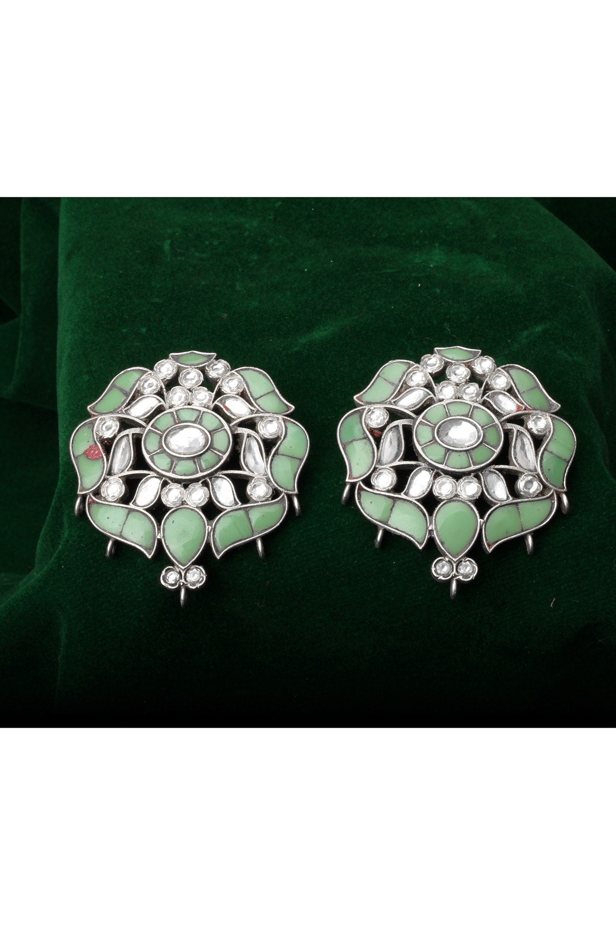 Silver Finish Kundan Polki Stud Earrings In Sterling Silver