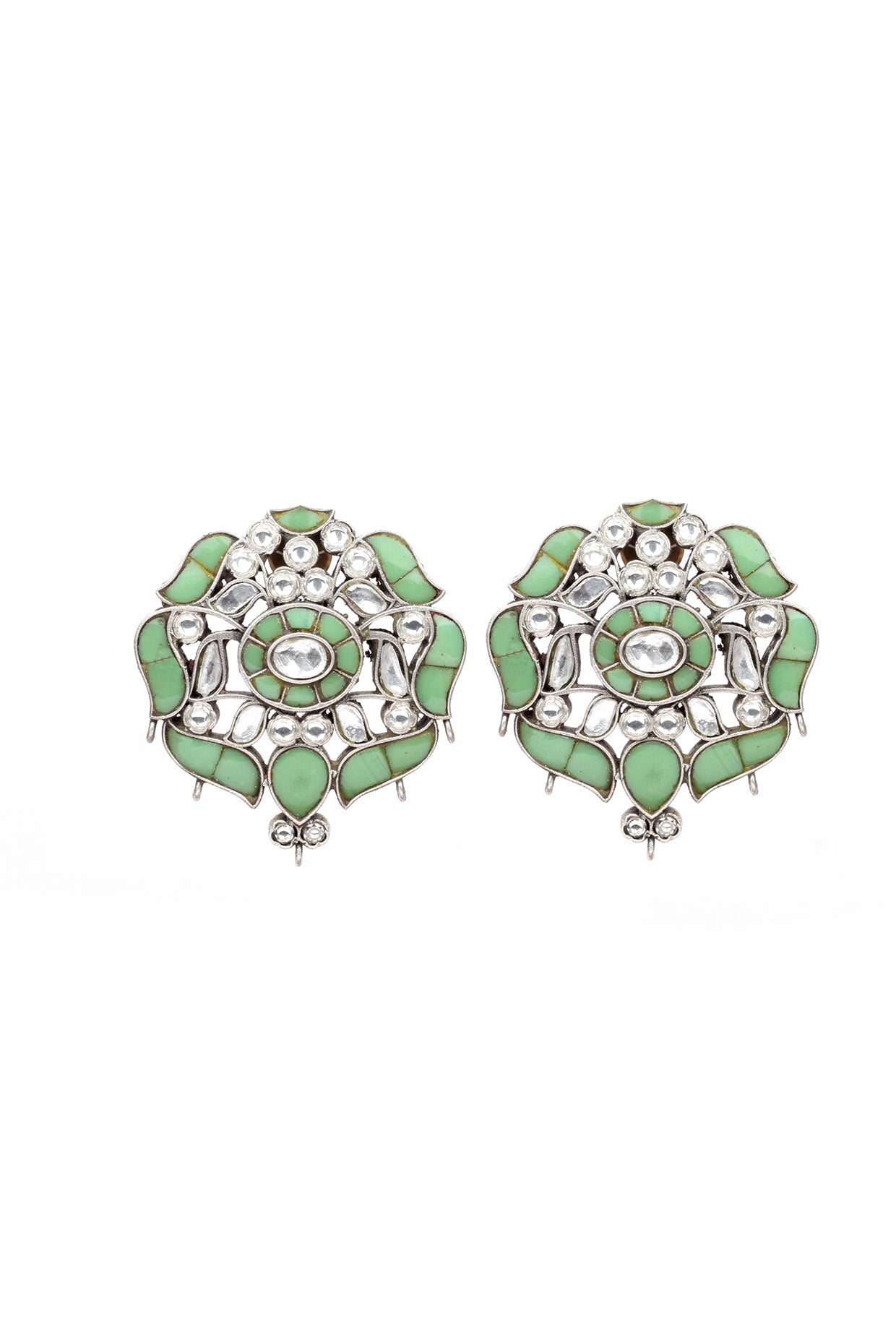 Silver Finish Kundan Polki Stud Earrings In Sterling Silver