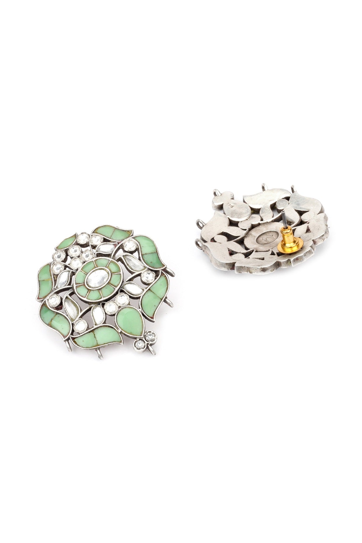 Silver Finish Kundan Polki Stud Earrings In Sterling Silver