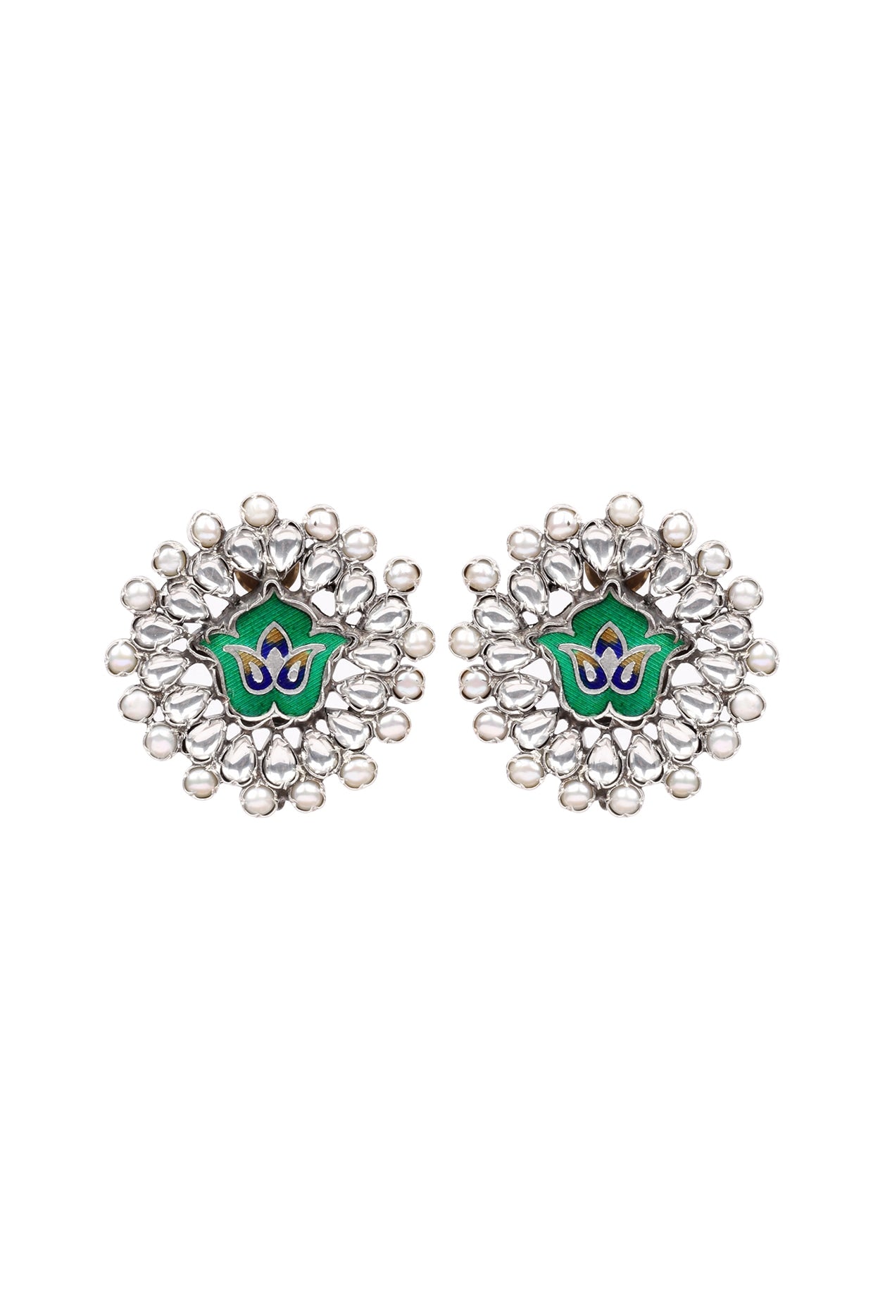 Silver Finish Floral Motif Enameled Stud Earrings In Sterling Silver