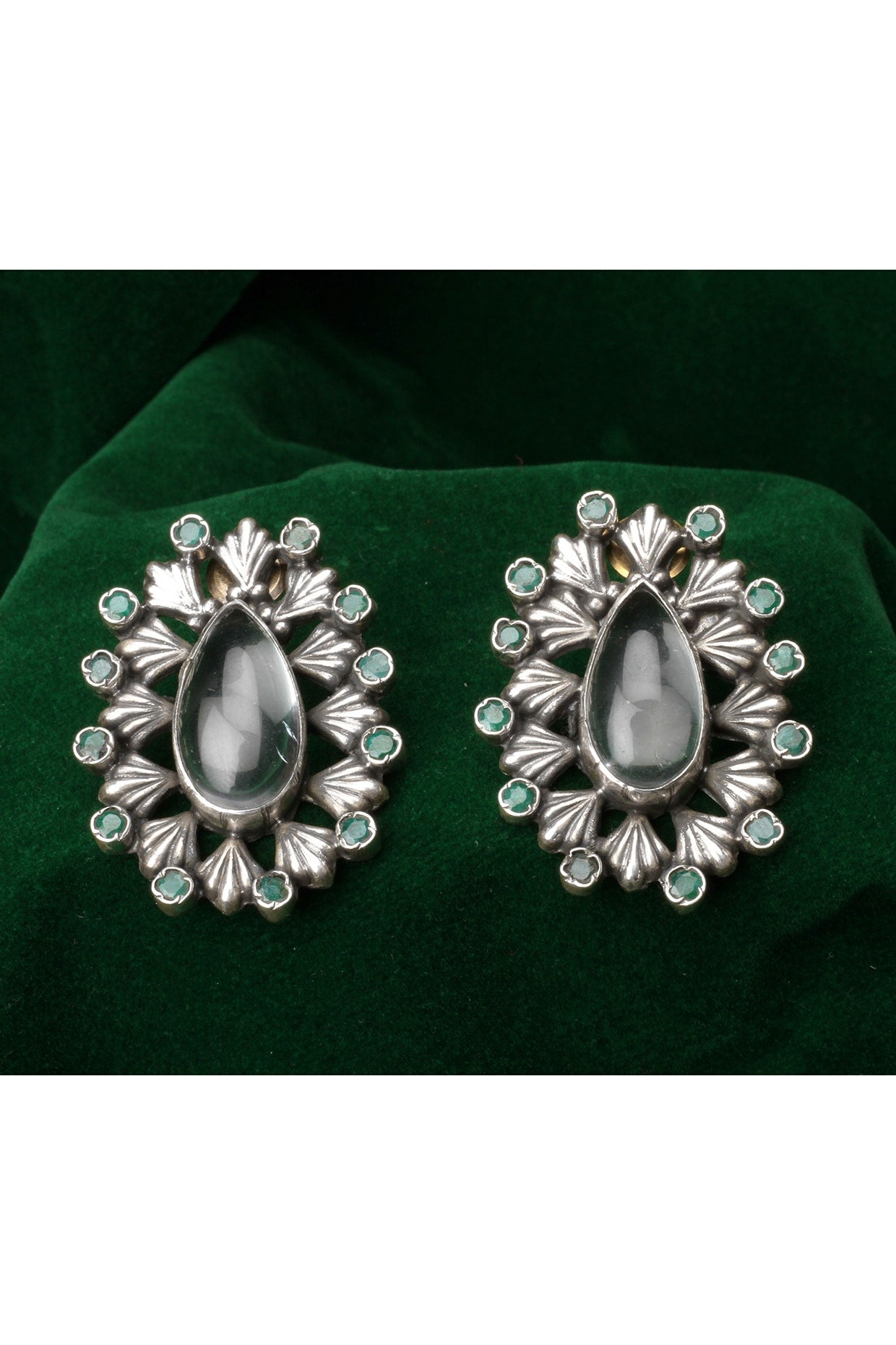 Silver Finish Emerald & Motif Stud Earrings In Sterling Silver