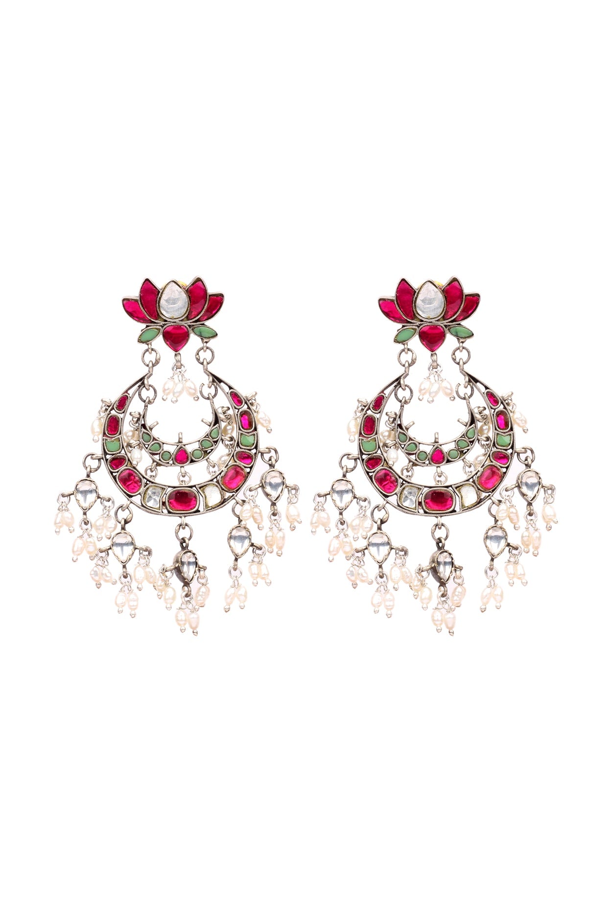 Silver Finish Kundan & Pearl Drop Earrings In Sterling Silver