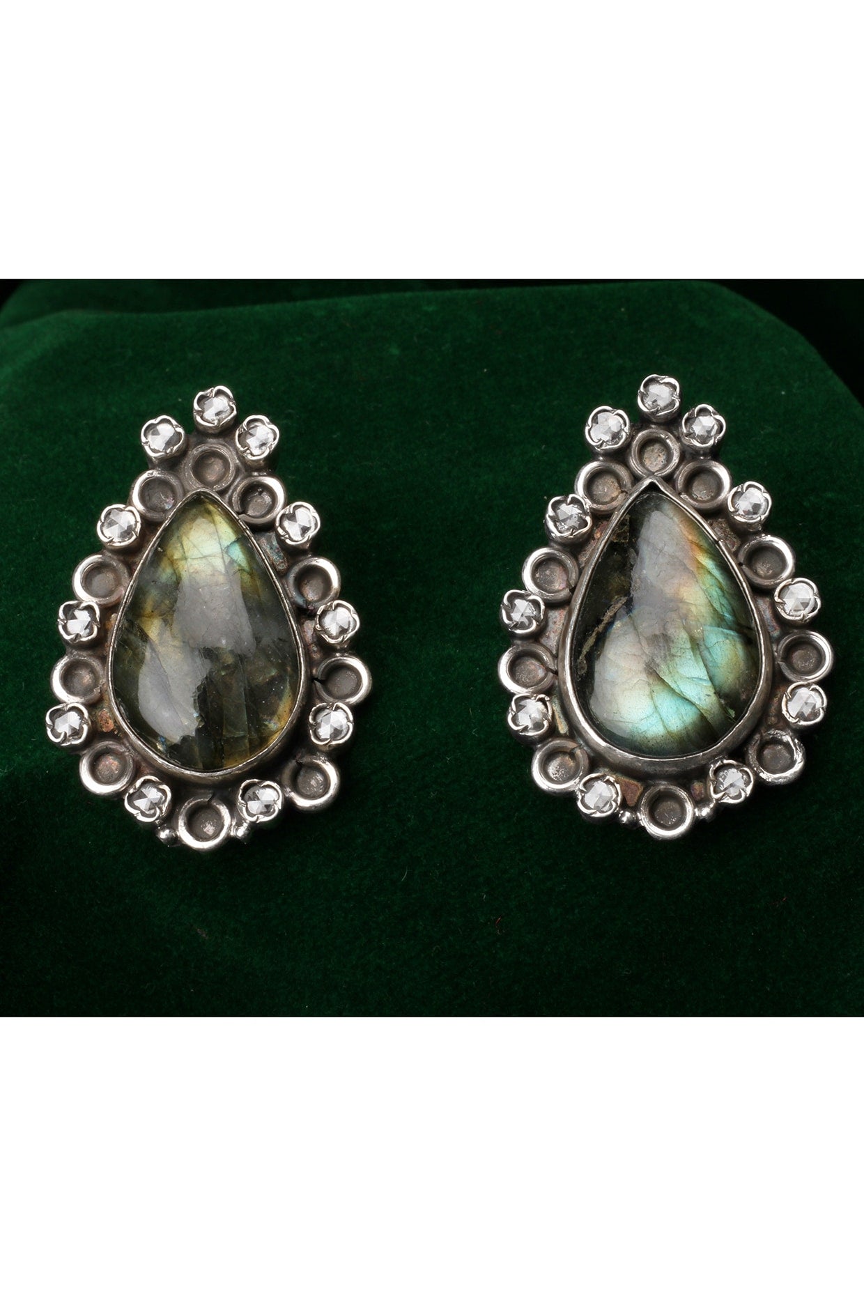 Silver Finish Labradorite Gemstone Stud Earrings In Sterling Silver