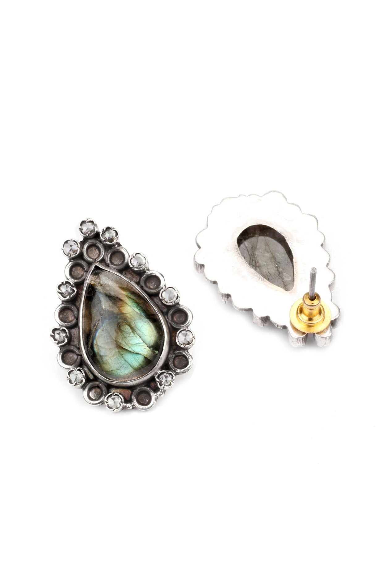 Silver Finish Labradorite Gemstone Stud Earrings In Sterling Silver