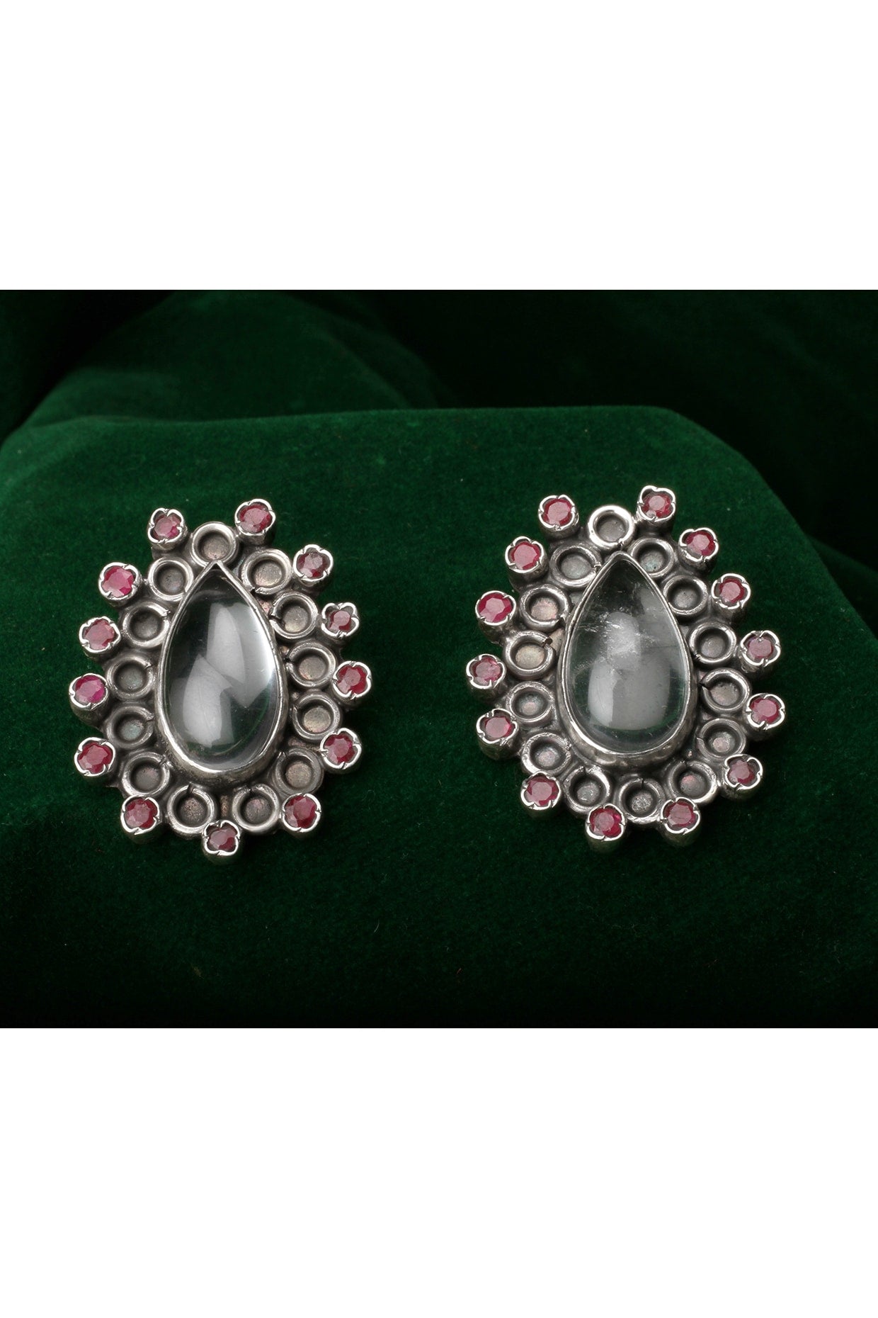 Oxidized Silver Finish Ruby & Labradorite Stud Earrings In Sterling Silver