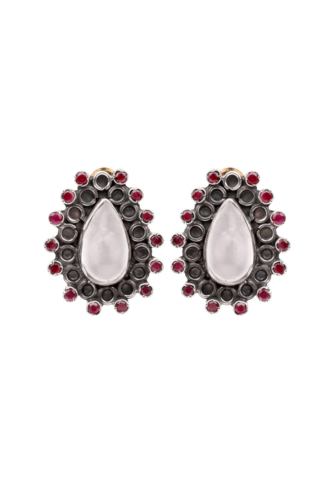 Oxidized Silver Finish Ruby & Labradorite Stud Earrings In Sterling Silver