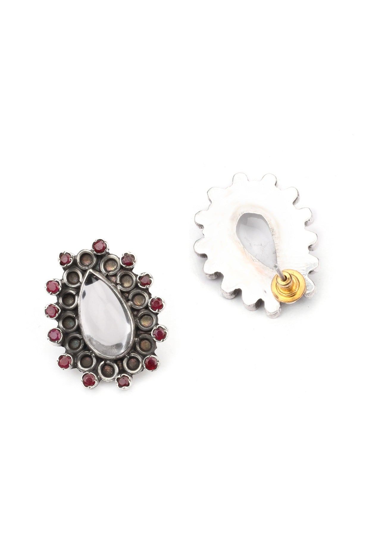 Oxidized Silver Finish Ruby & Labradorite Stud Earrings In Sterling Silver