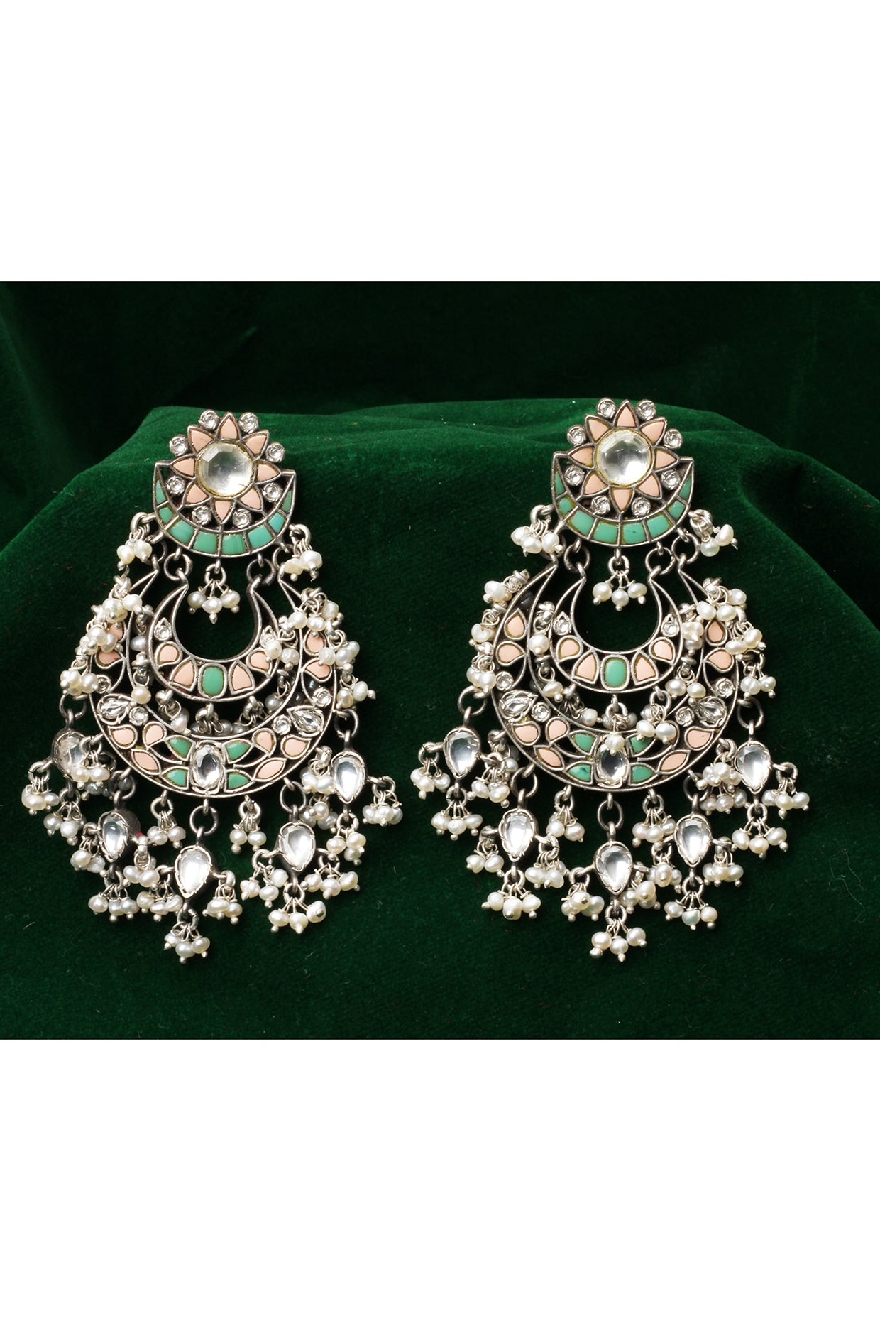 Silver Finish Kundan & Pearl Drop Earrings In Sterling Silver