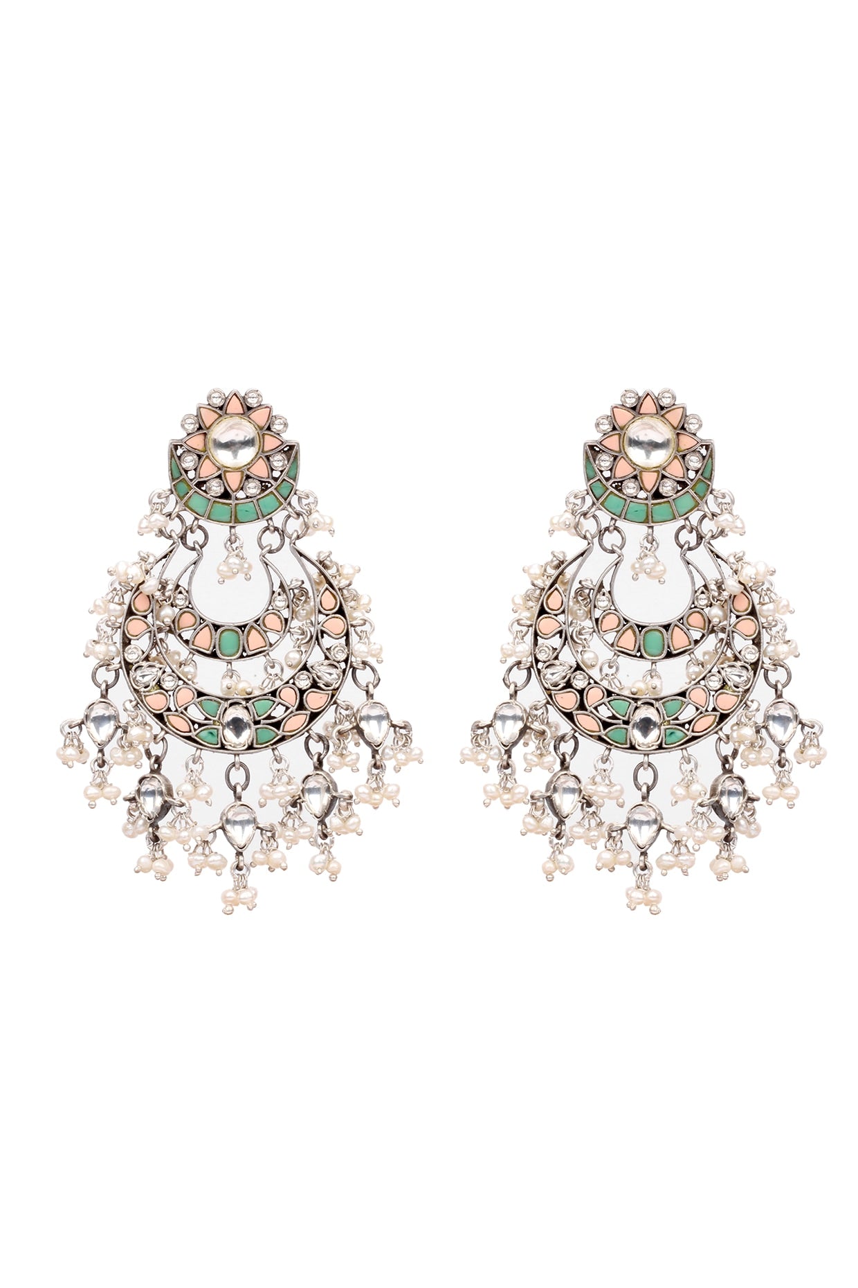 Silver Finish Kundan & Pearl Drop Earrings In Sterling Silver