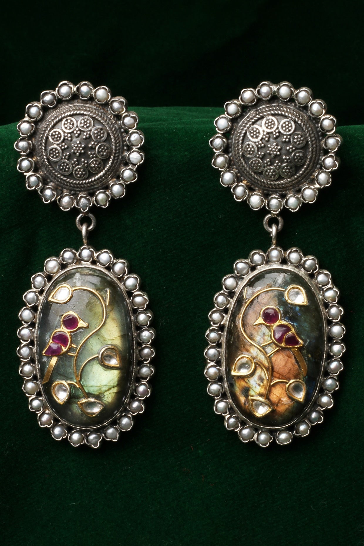 Silver Finish Labradorite & Kundan Polki Dangler Earrings In Sterling Silver