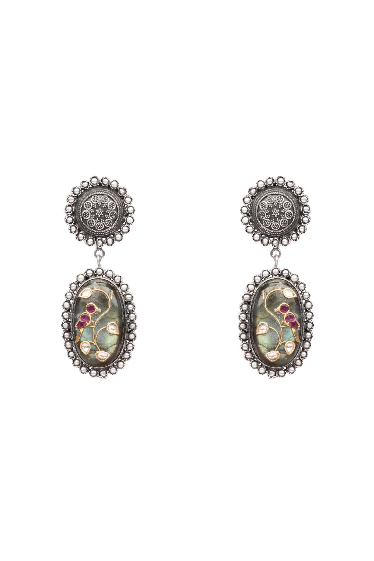 Silver Finish Labradorite & Kundan Polki Dangler Earrings In Sterling Silver