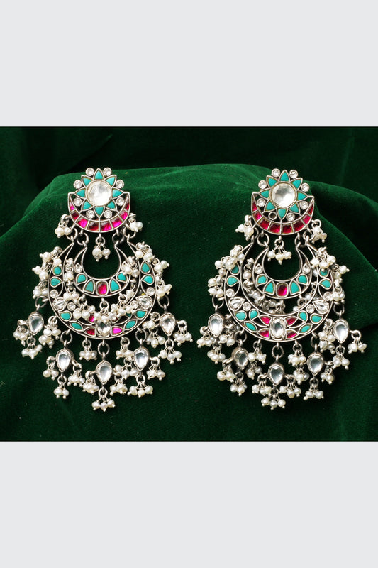 Silver Finish Kundan Polki & Pearl Drop Earrings In Sterling Silver