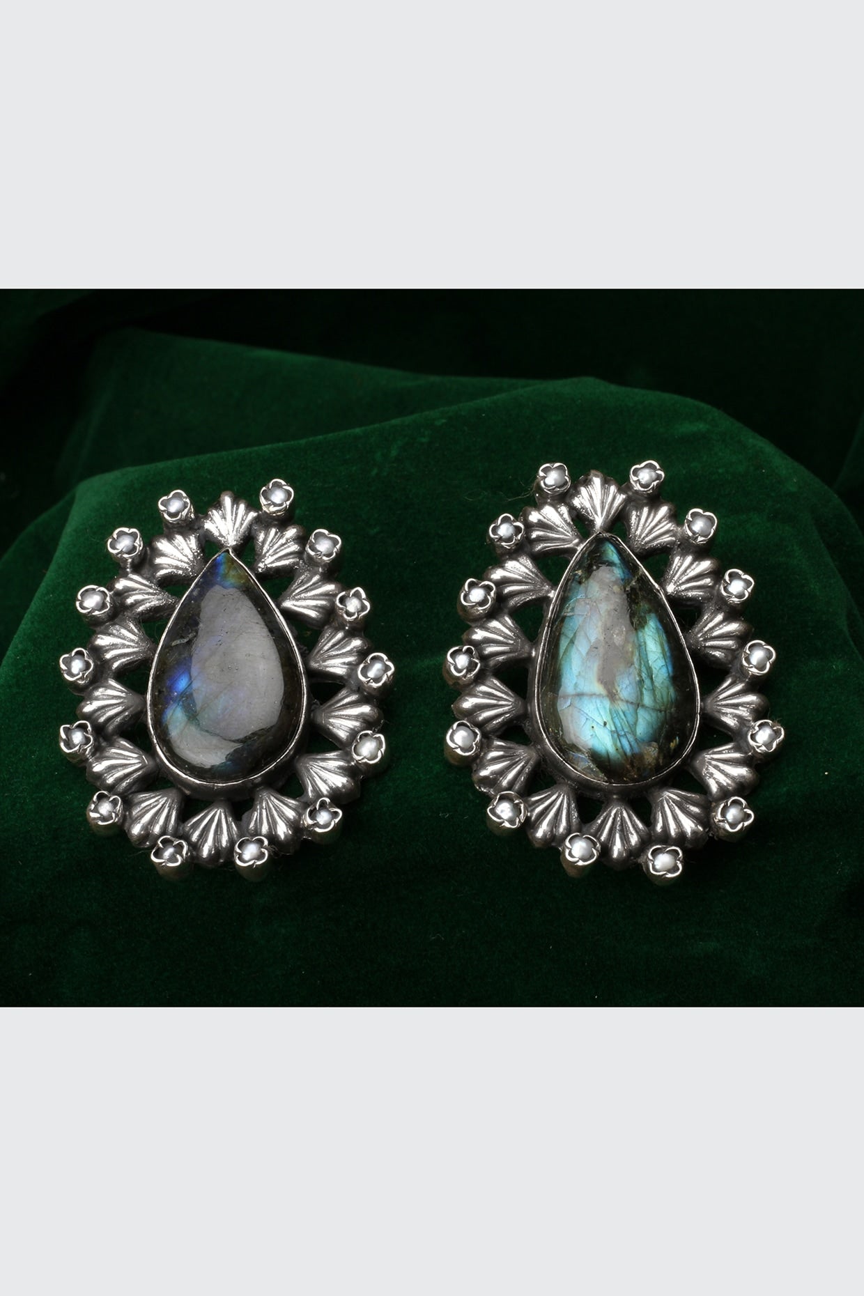 Silver Finish Kundan Polki & Labradorite Drop Earrings In Sterling Silver