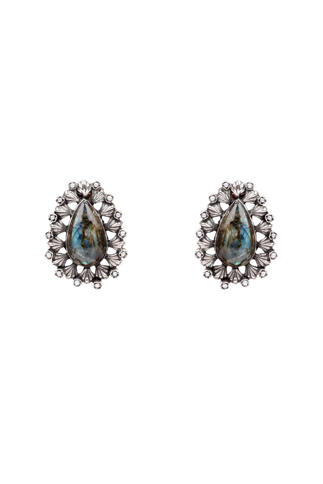 Silver Finish Kundan Polki & Labradorite Drop Earrings In Sterling Silver