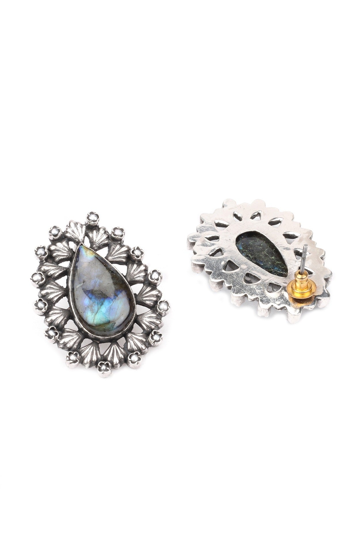 Silver Finish Kundan Polki & Labradorite Drop Earrings In Sterling Silver