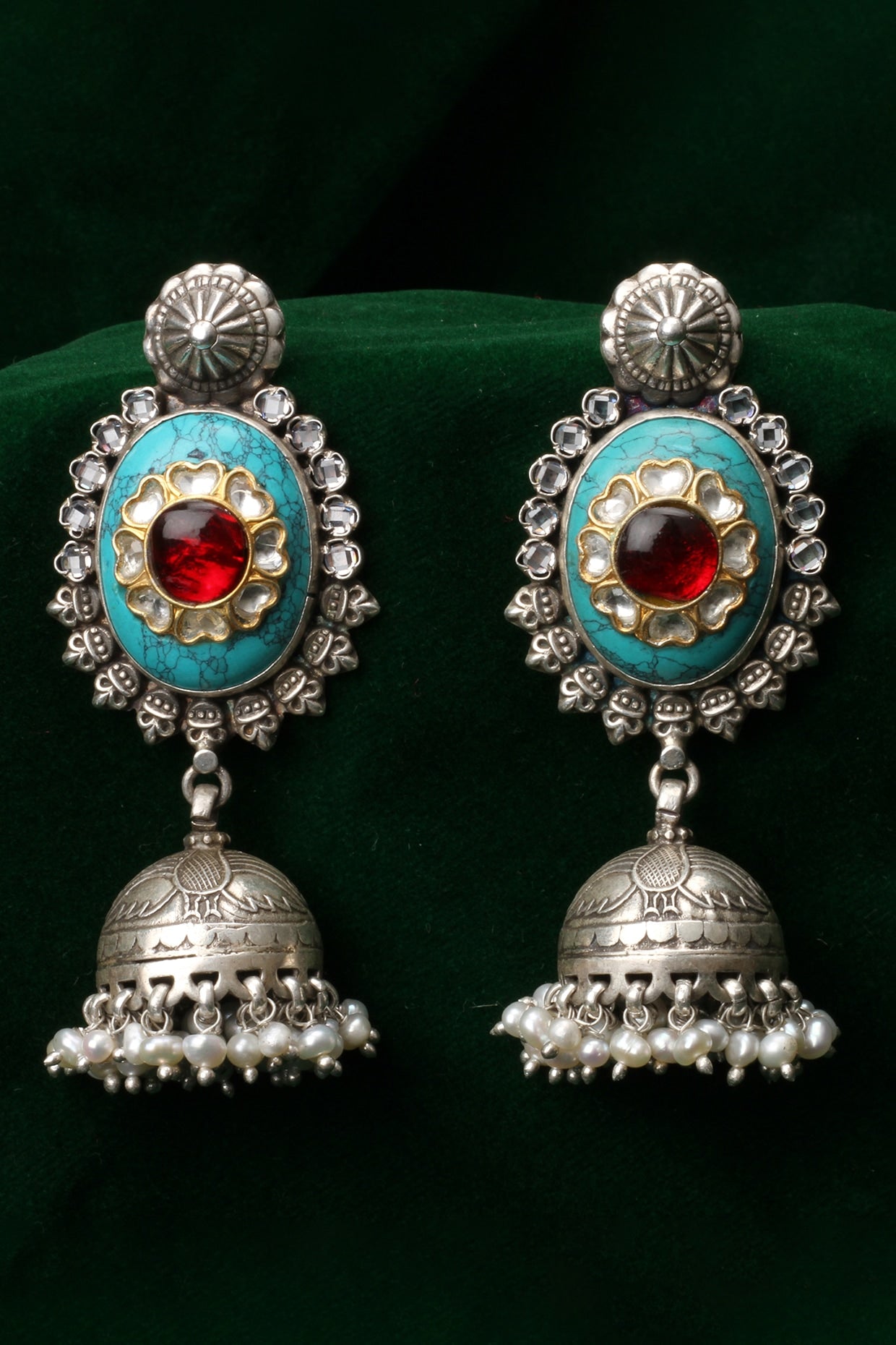 Silver Finish Kundan Polki & Turquoise Stone Drop Earrings In Sterling Silver