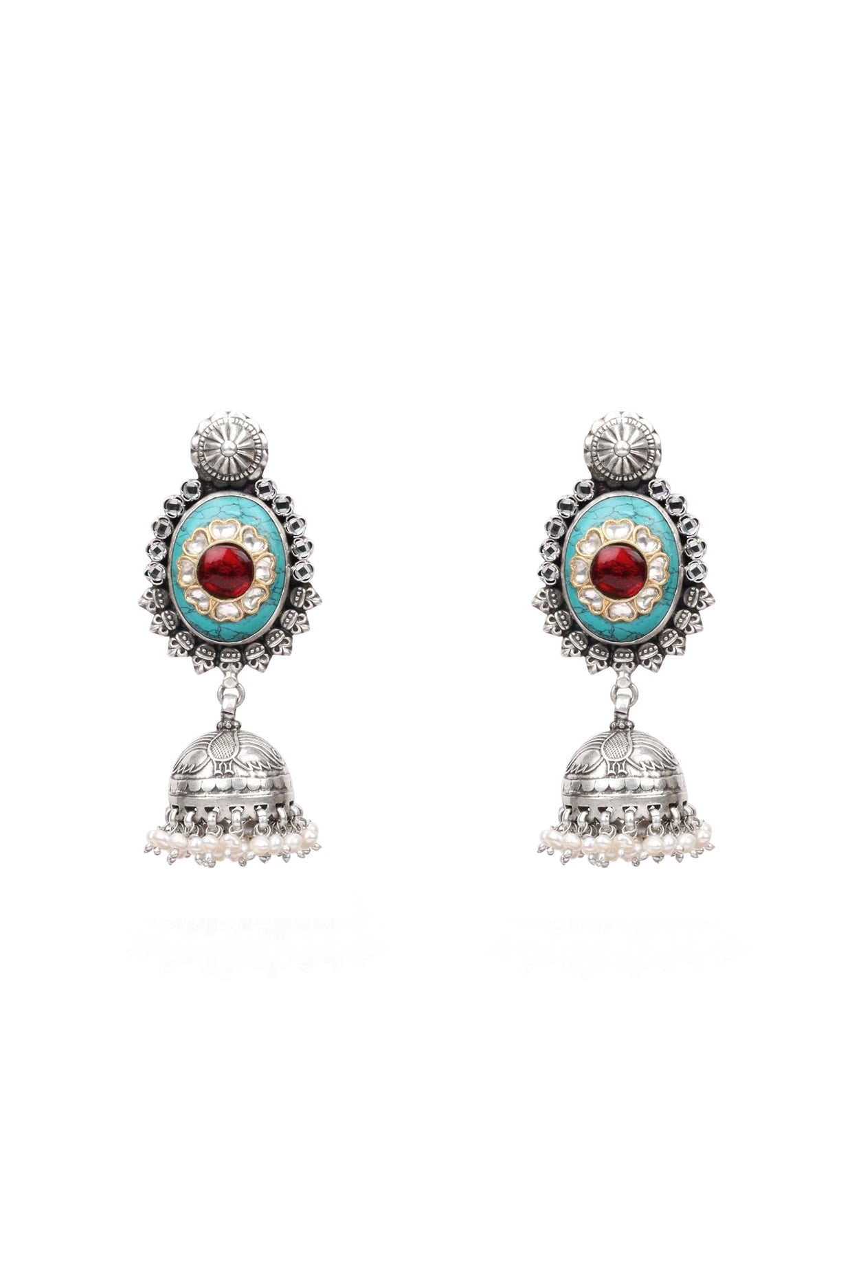 Silver Finish Kundan Polki & Turquoise Stone Drop Earrings In Sterling Silver