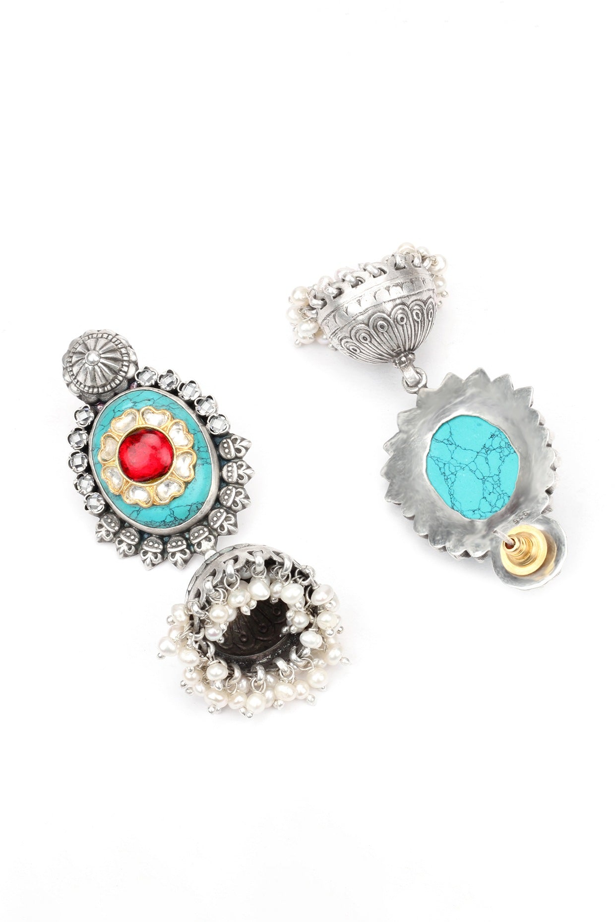 Silver Finish Kundan Polki & Turquoise Stone Drop Earrings In Sterling Silver