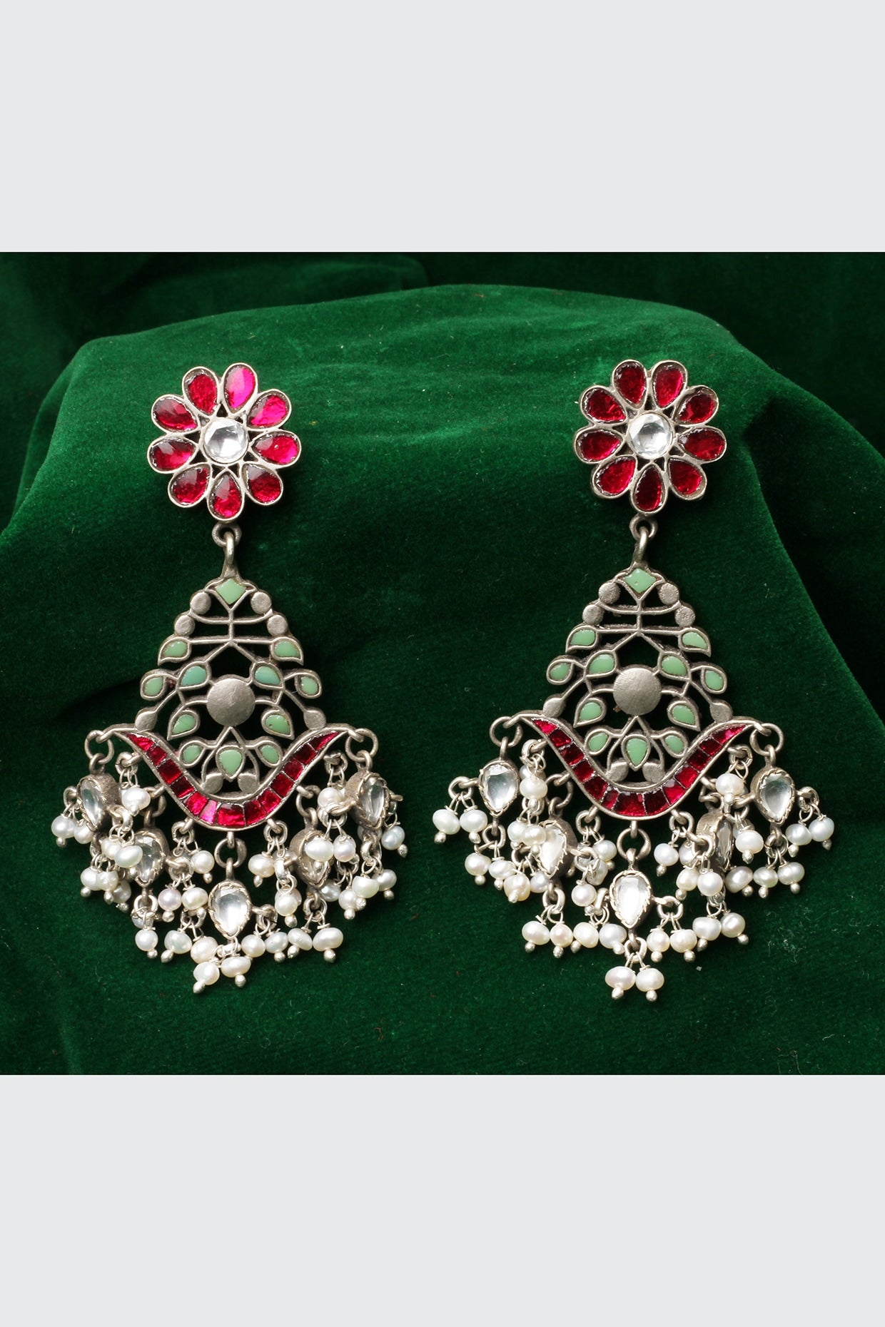 Silver Finish Kundan Polki Dangler Earrings In Sterling Silver